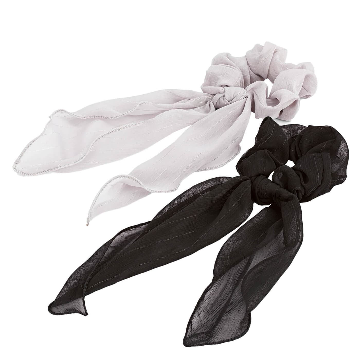 Chouchou en mousseline pailletée et long foulard, noir & gris