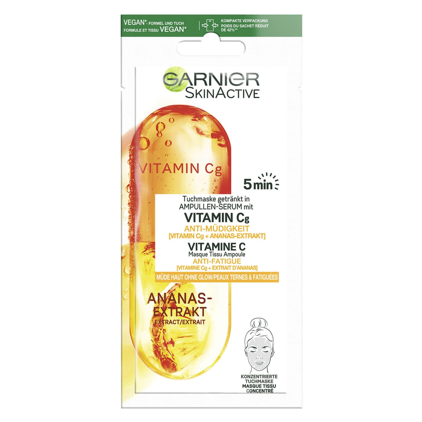 Skinactive Face - Ampullen Tuchmaske Anti-Müdigkeit mit Vitamin C & Ananas-Extrakt