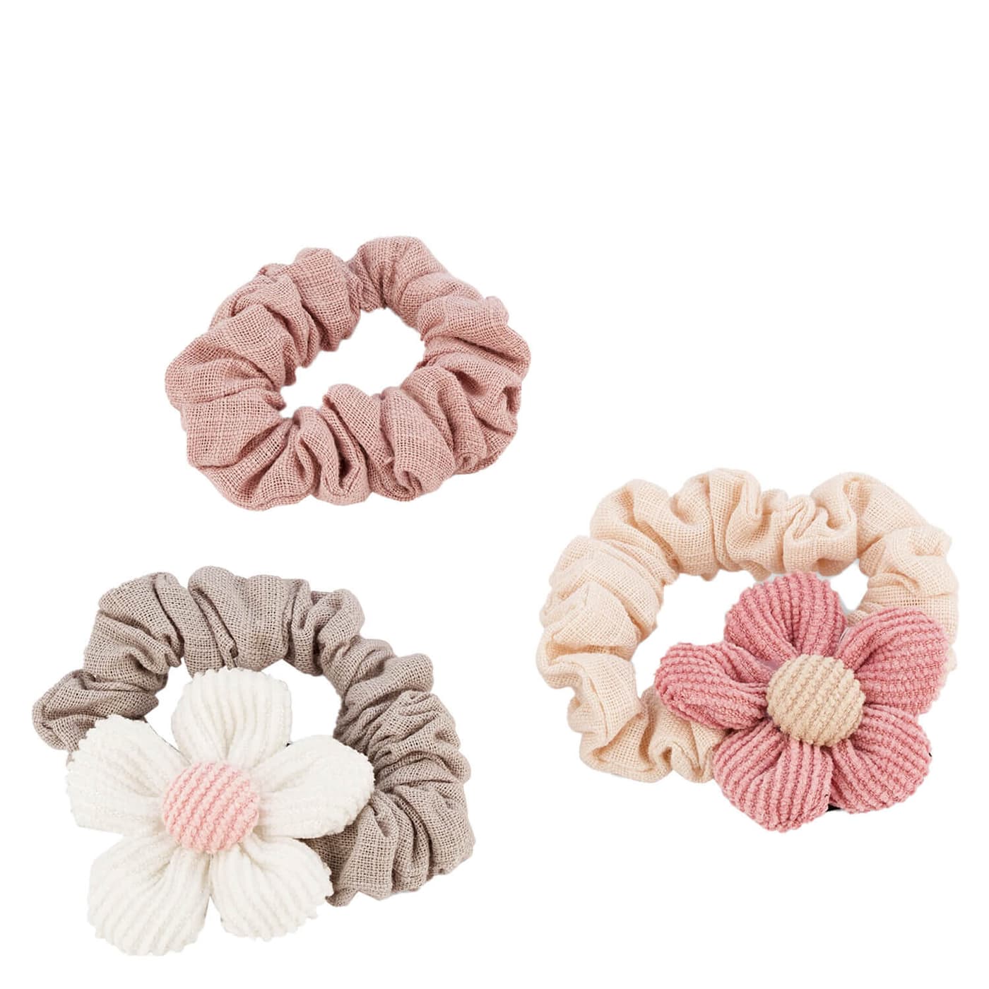 Chouchou avec fleur, gris, rose & ivoire