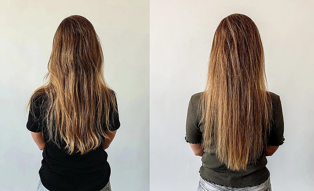 Vorher Nachher Vergleich des Olaplex 8 Testings, Haare von hinten