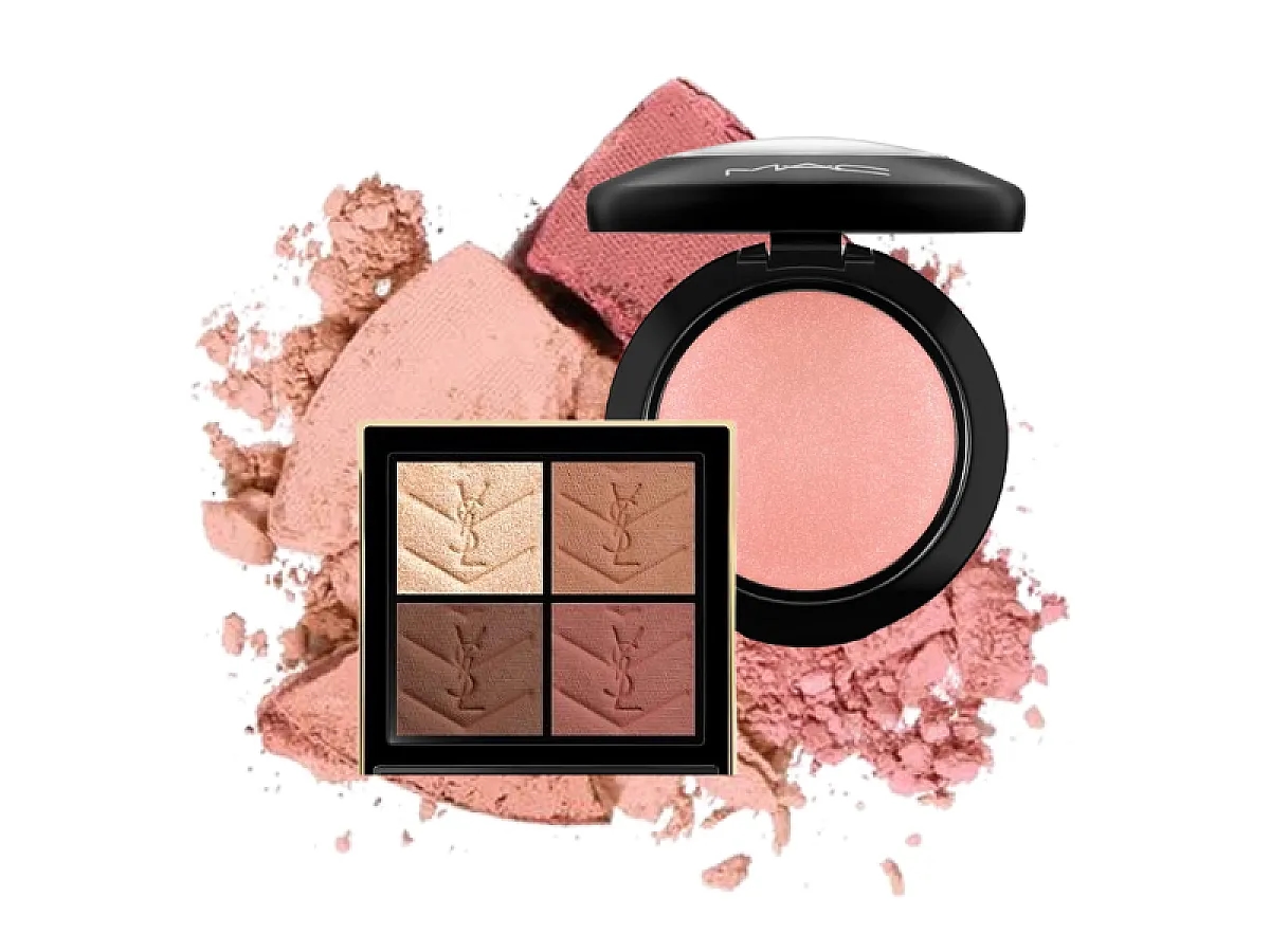 Collage de palettes d'ombres à paupières YSL, de fards à joues (blush) MAC et de différentes textures de maquillage en poudre dans des nuances de rose.